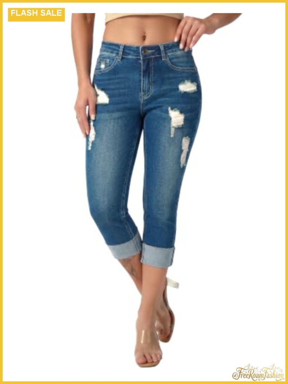 Women's Stretch Capri Jeans Distressed Slim Denim Cuffed